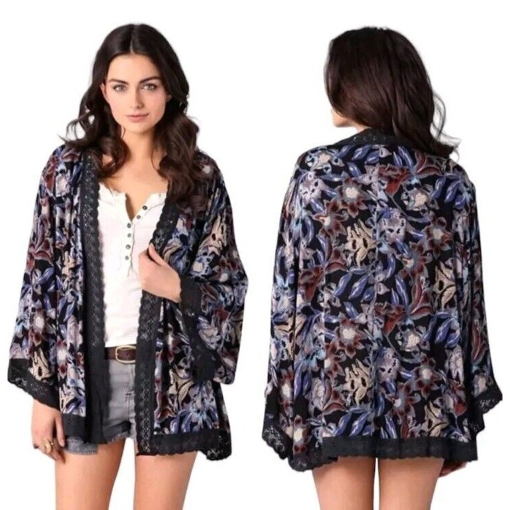 Free People Artsy Kimono Womens S Dark Floral Boho Snap Out Of It Boca Duster